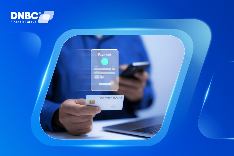 Illustration of a person using a smartphone and credit card with shield symbols, representing secure cashless payments and fraud protection.