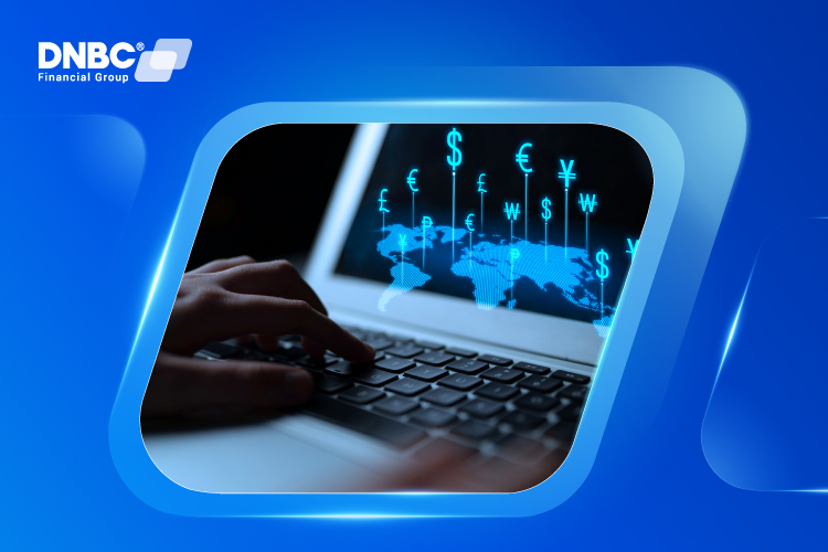 Screenshot of DNBC platform showing currency conversion and transfer features for international transactions.