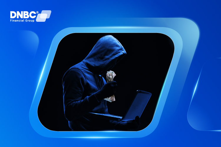Money Theft Prevention Concept Graphic of a thief being pulled away by a magnet of coins held by a bank, illustrating the concept of stopping fraudulent money loss.
